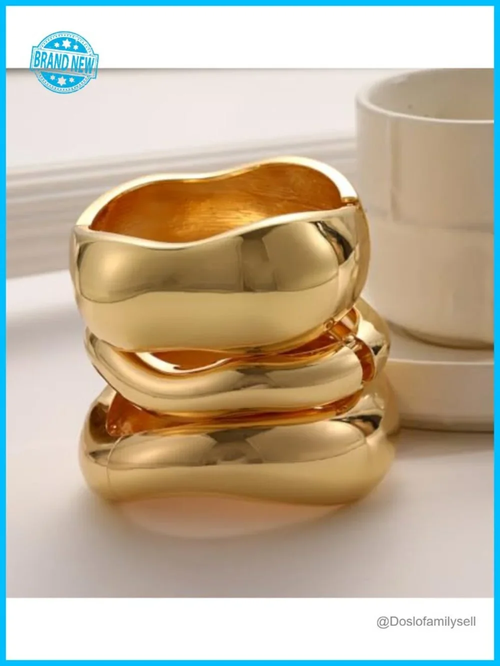 3-Piece 14k Gold Plated Chunky Bangle Set, Dainty Cuff Stackable Bracelet
